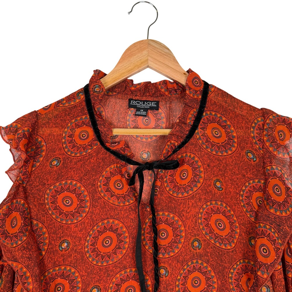 Rouge Collection Blouse Womens 1X Orange Medallion Cold Shoulder Ruffle Sleeve‎